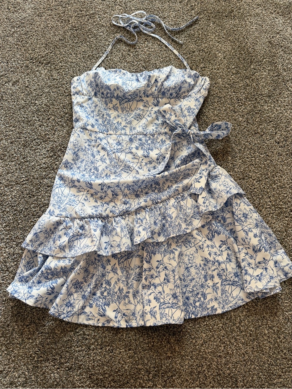 SHEIN White & Blue Floral Halter Ruffle Mini Dress